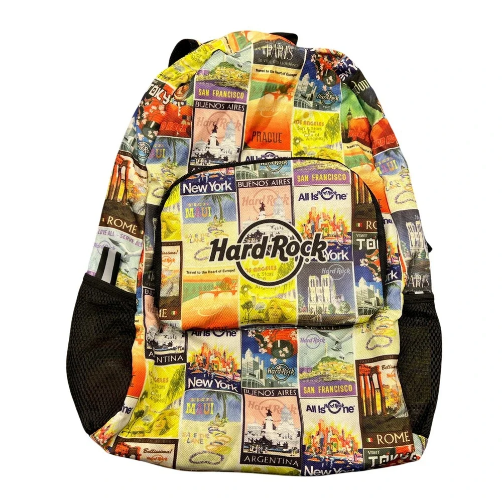 Hard Rock Cafe Backpack Multi Color Postcard City Print Travel Bag IM10015078